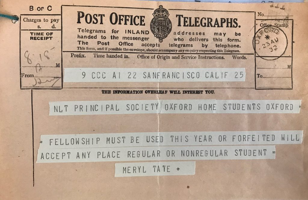 Telegram from 1932 to principal of Society of Oxford Home Students