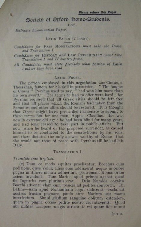 A Latin Paper for the Society of Oxford Home Students in 1925.
