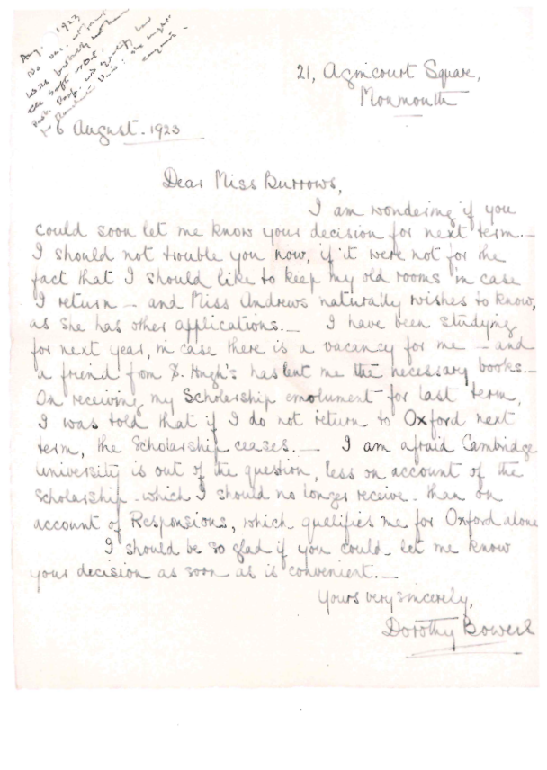 A letter from Dorothy Bowers to the Principal discussing her application.