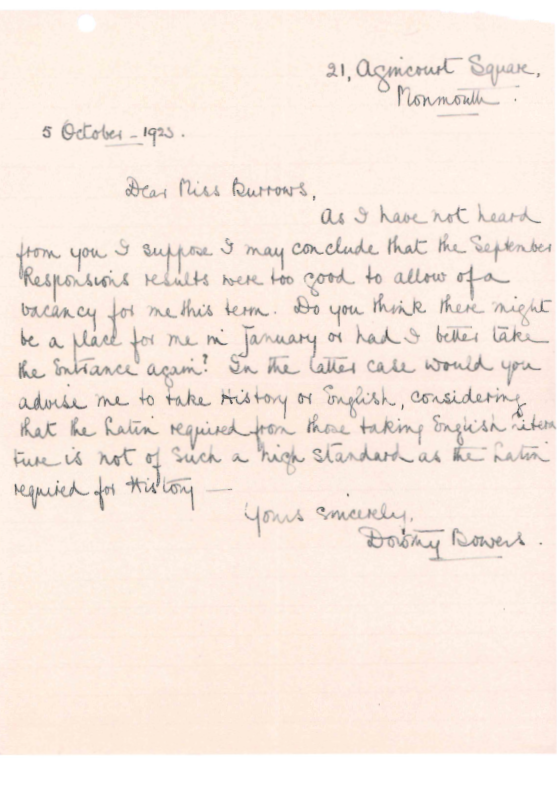A letter from Dorothy Bowers to the Principal discussing her application.