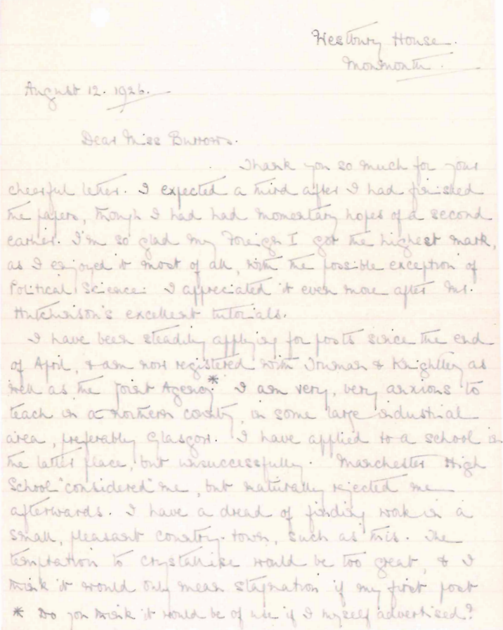 A letter from Dorothy Bowers to the principal discussing her results and future plans.