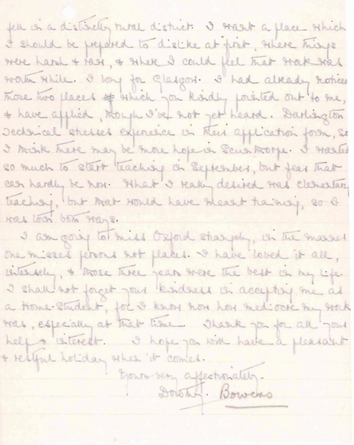 A letter from Dorothy Bowers to the principal discussing her results and future plans.