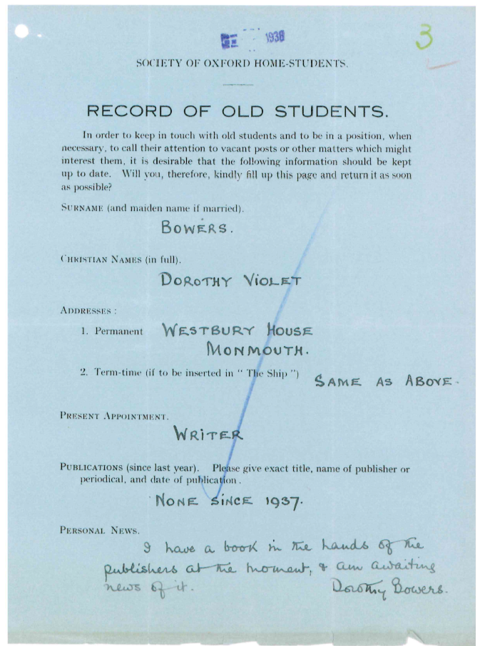 Dorothy Bowers' Record of Old Students file for 1938.