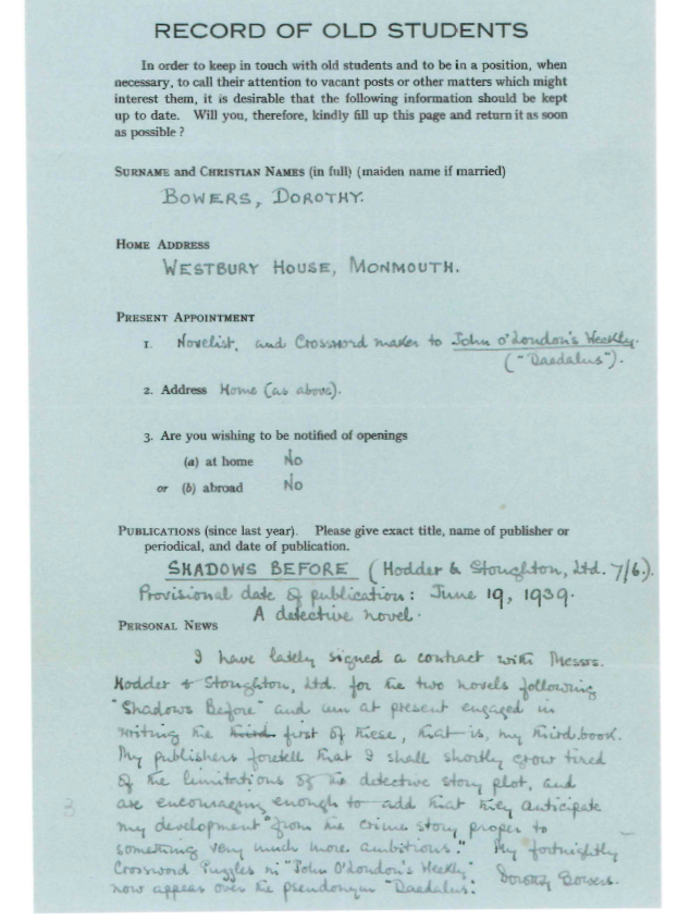 Dorothy Bowers' Record of Old Students file for 1939.