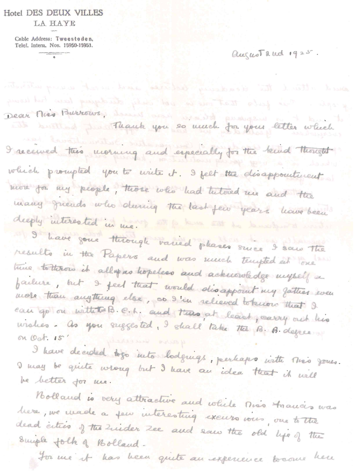 The first page of a letter from Iris to Miss Burrows talking about her exam results and her holiday in Holland.
