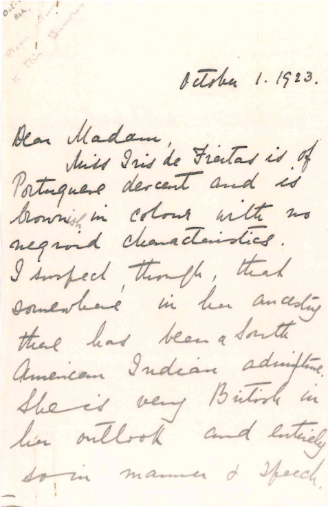 A letter discussing Iris' ancestry.