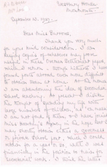 A letter from Dorothy Bowers to the Principal discussing her dissatisfaction with secondary school teaching and intention to retrain for secretarial work.