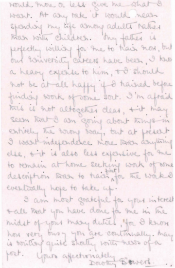 A letter from Dorothy Bowers to the Principal discussing her dissatisfaction with secondary school teaching and intention to retrain for secretarial work.